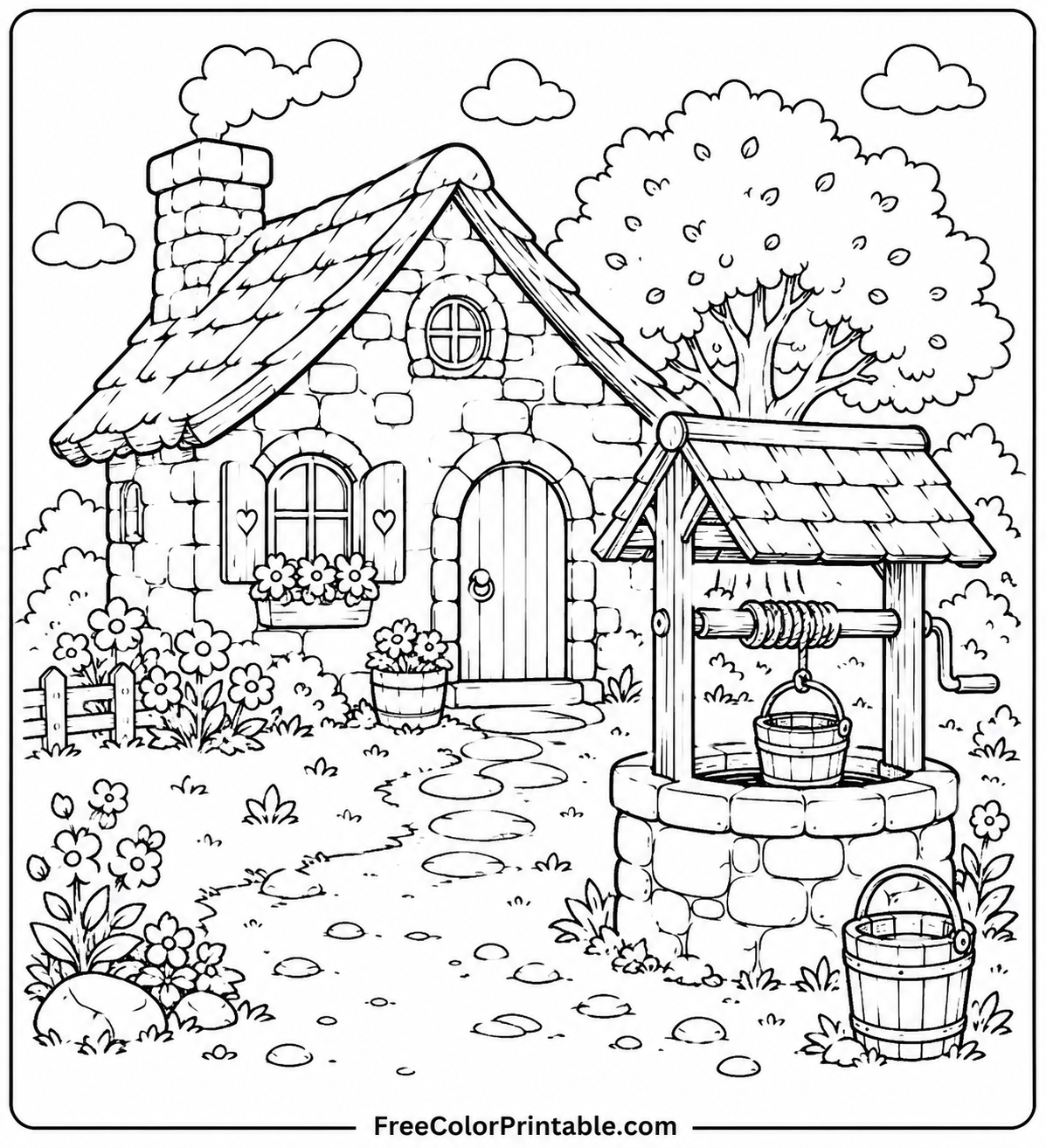 Rustic cottage with a wishing well Coloring Page — Free Printable — free printable coloring page